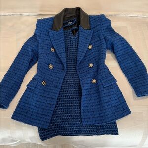 Zara Blue Tweed Jacket with Black leather Collar and Dress SET